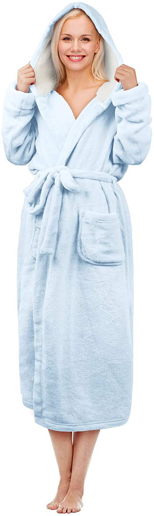 Hooded Sherpa Robe Long Plush Fuzzy Bathrobe for Women with Hood Sherpa Lined Apparel & Accessories > Clothing > Sleepwear & Loungewear > Robes Kylie Max   