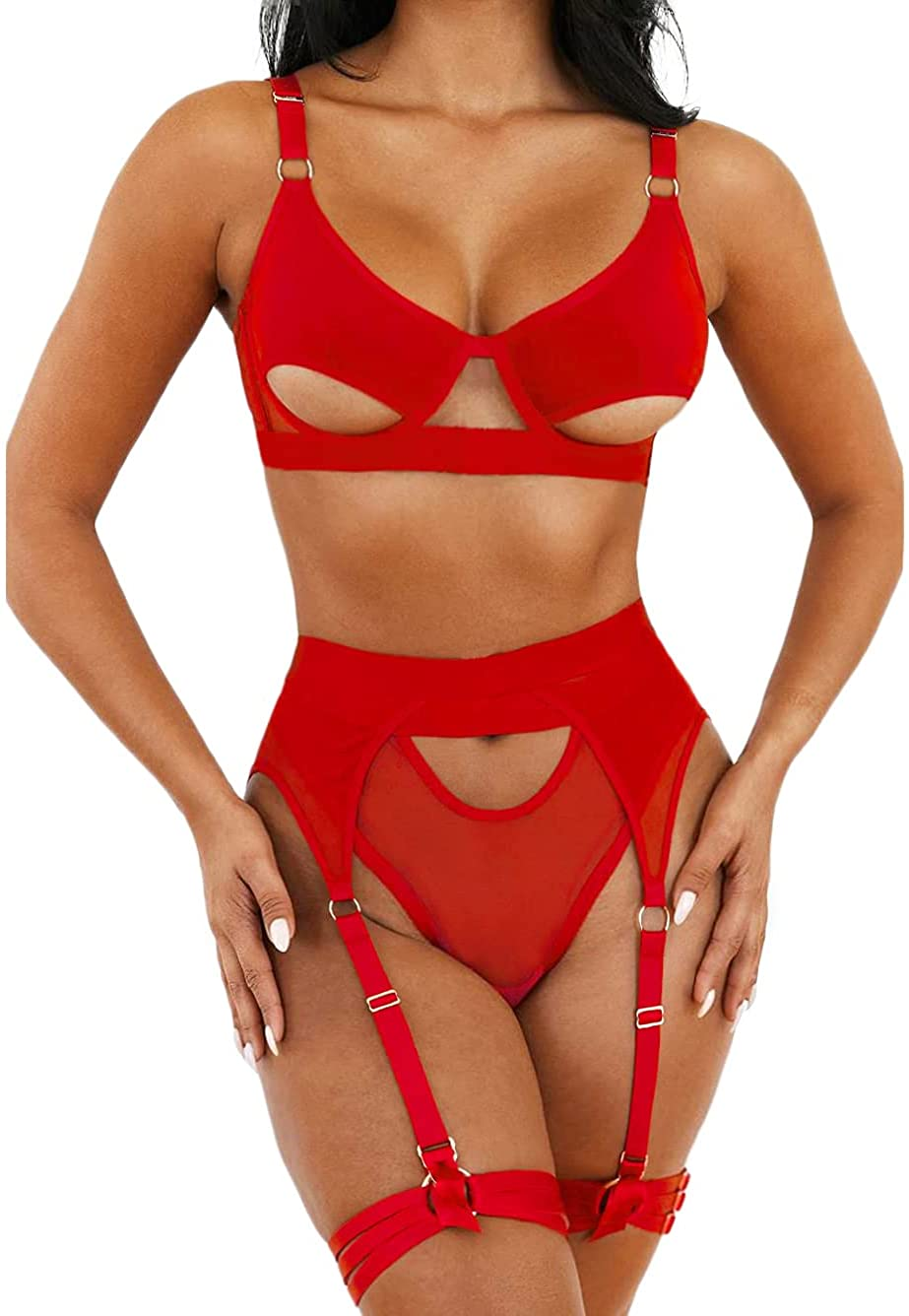 Kaei&Shi Mesh Patchwork,Underwire Peekaboo,Garter Belt,Thong,Thigh Straps,4 Piece Lingerie Apparel & Accessories > Clothing > Underwear & Socks > Lingerie Kaei&Shi Red 6-8 