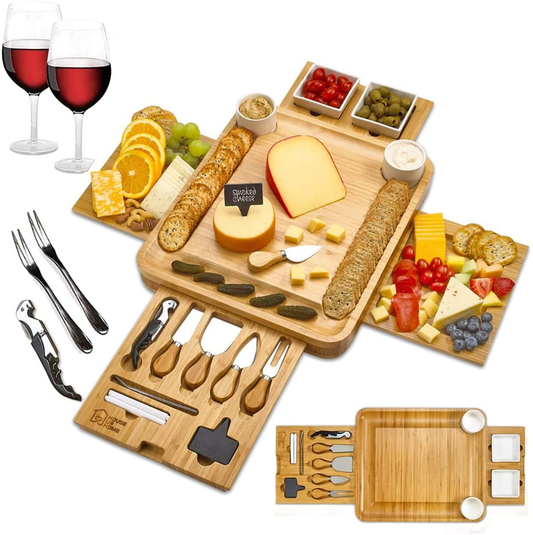 Cheese Board 2 Ceramic Bowls 2 Serving Plates. Magnetic 4 Drawers Bamboo Charcuterie Cutlery Knife Set, 2 Server Forks, Wine Opener, Labels, Markers, Gift for Birthdays, Wedding Registry,Housewarming Arts & Entertainment > Party & Celebration > Gift Giving House Ur Home   