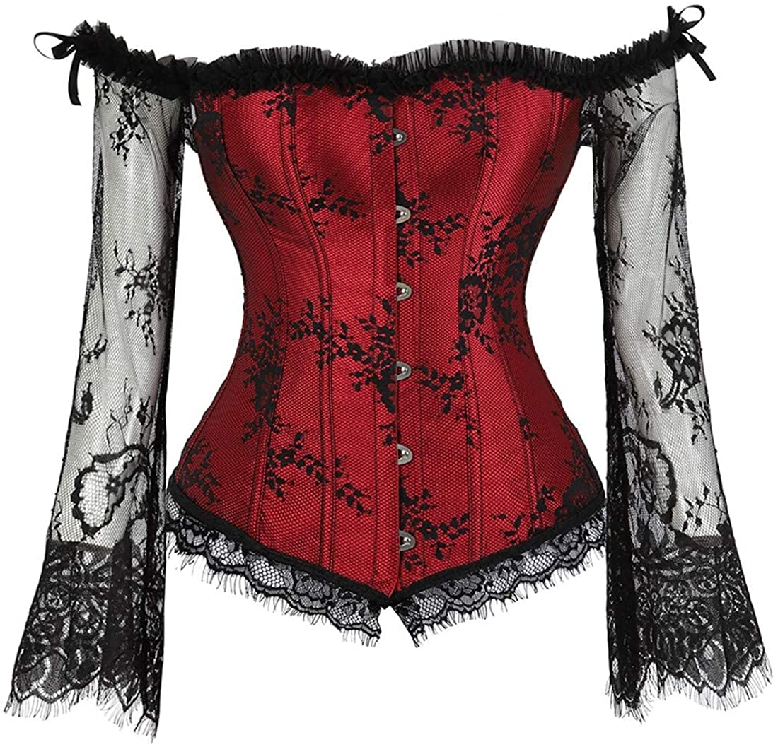 Corset Tops for Women Corset - Overbust Lingerie - Lace up Back Bustier Top - Fashion Corsets with Sleeve Apparel & Accessories > Clothing > Underwear & Socks > Lingerie SZIVYSHI Red Large 