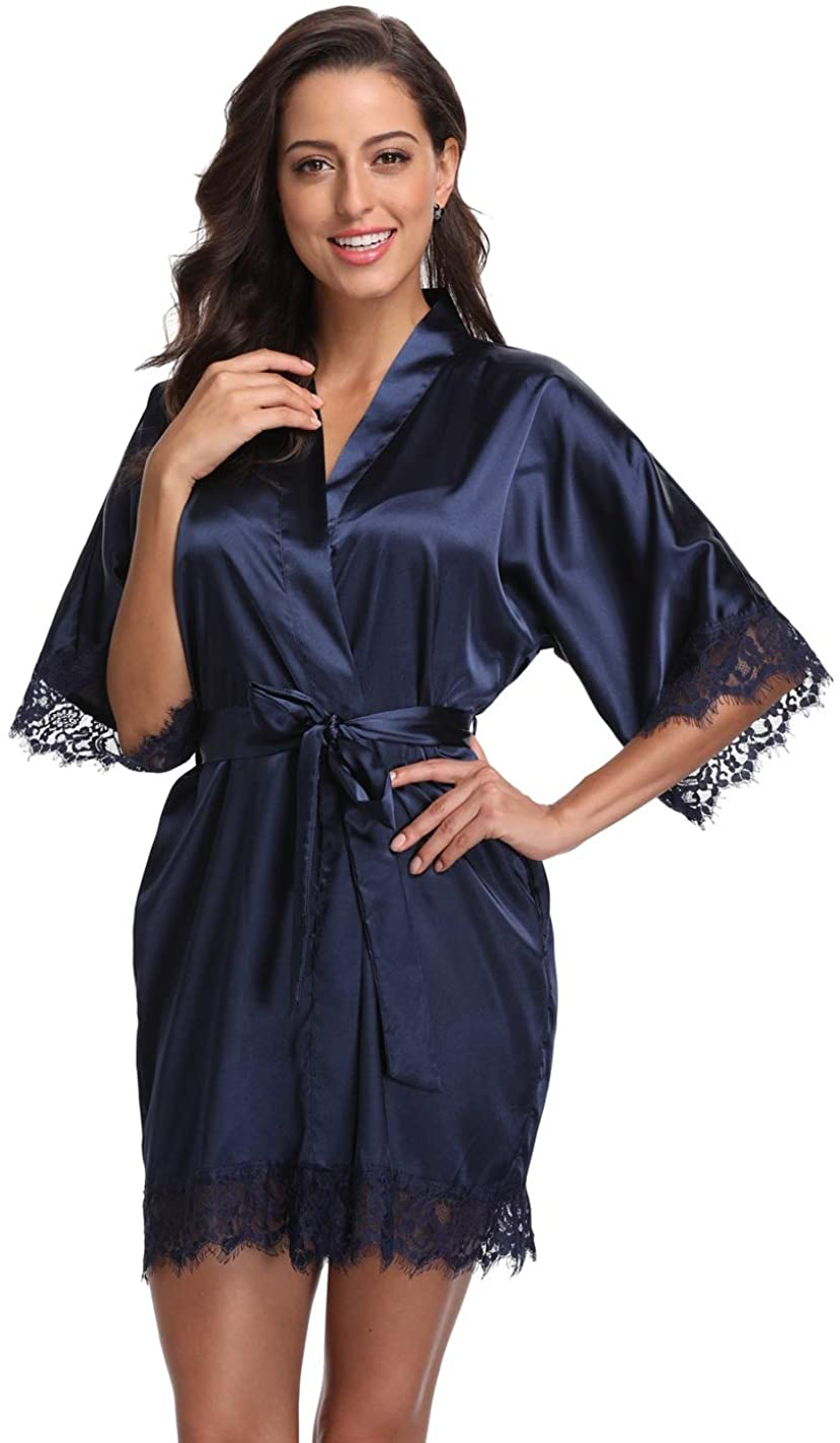 Original Kimono Women'S Lace-Trimmed Satin Short Kimono Robe Bathrobe Loungewear Apparel & Accessories > Clothing > Sleepwear & Loungewear > Robes Original Kimono   