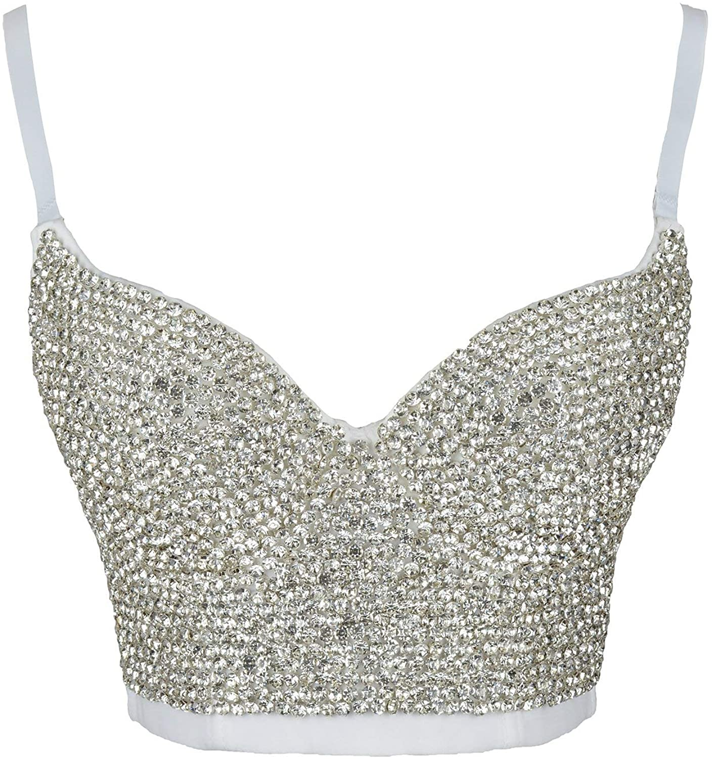 ELLACCI Women'S Handmade Rhinestone Diamond Push up Bustier Crop Top Sexy Punk Corset Bra White Apparel & Accessories > Clothing > Underwear & Socks > Lingerie ELLACCI   