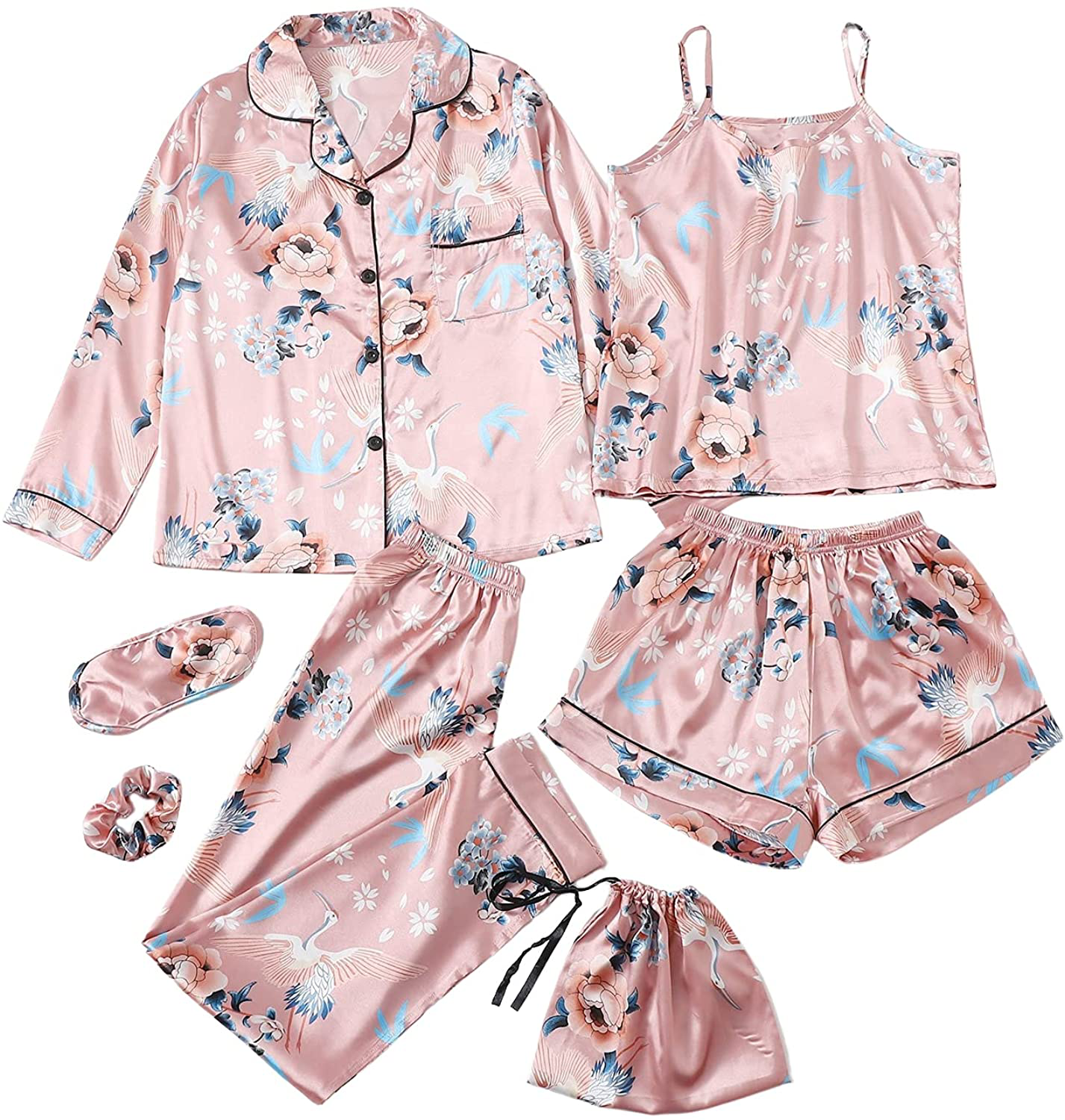 SheIn Women's 7pcs Pajama Set Cami Pjs with Shirt and Eye Mask Apparel & Accessories > Clothing > Sleepwear & Loungewear > Pajamas SheIn Coral Pink Floral X-Large 