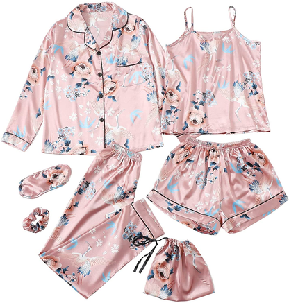 SheIn Women's 7pcs Pajama Set Cami Pjs with Shirt and Eye Mask Apparel & Accessories > Clothing > Sleepwear & Loungewear > Pajamas SheIn Coral Pink Floral X-Large 