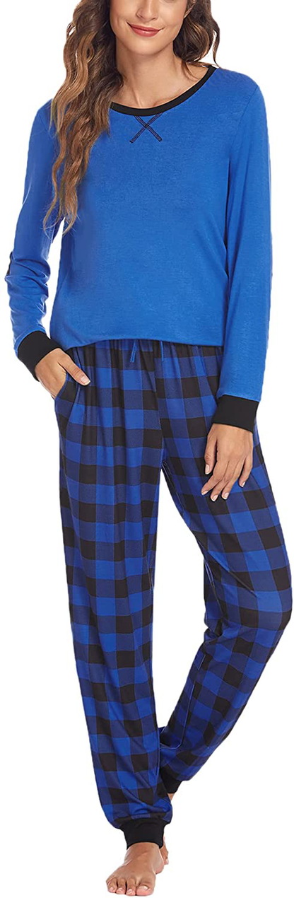 Ekouaer Women's Pajamas Sets Long Sleeve with Plaid Pants Soft Sleepwear O Neck 2 Piece Pjs Joggers Loung Set with Pockets Apparel & Accessories > Clothing > Sleepwear & Loungewear > Pajamas Ekouaer Pat26 XX-Large 