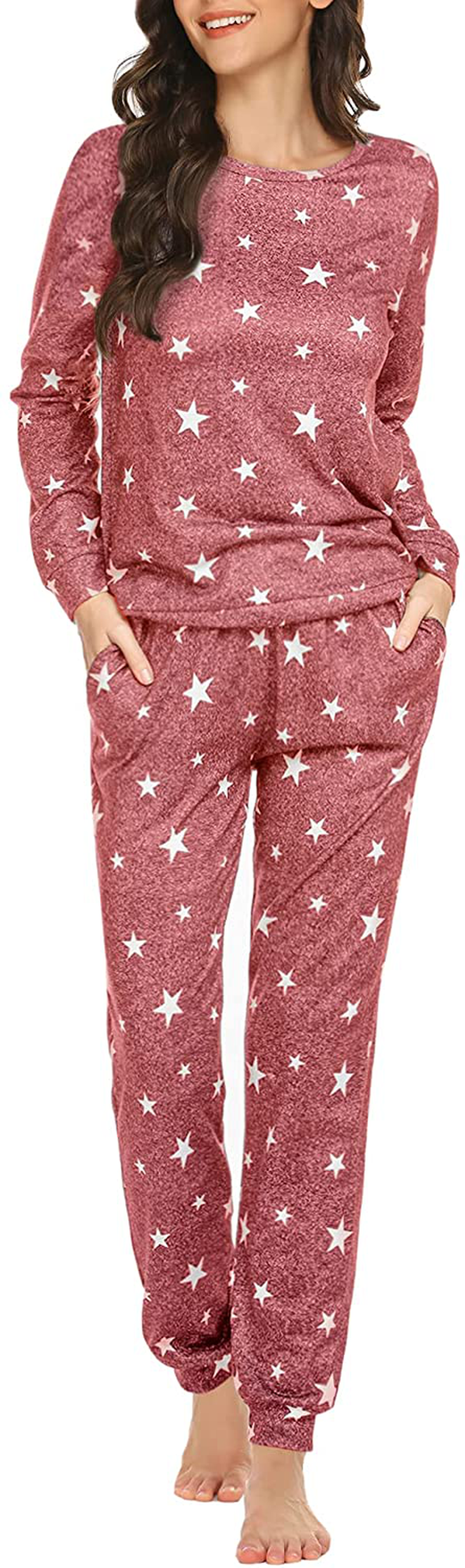 Ekouaer Womens Pajama Set Long Sleeve Sleepwear Star Print Nightwear Soft Pjs Lounge Sets with Pockets Apparel & Accessories > Clothing > Sleepwear & Loungewear > Pajamas Ekouaer A-wine Red White Star Medium 