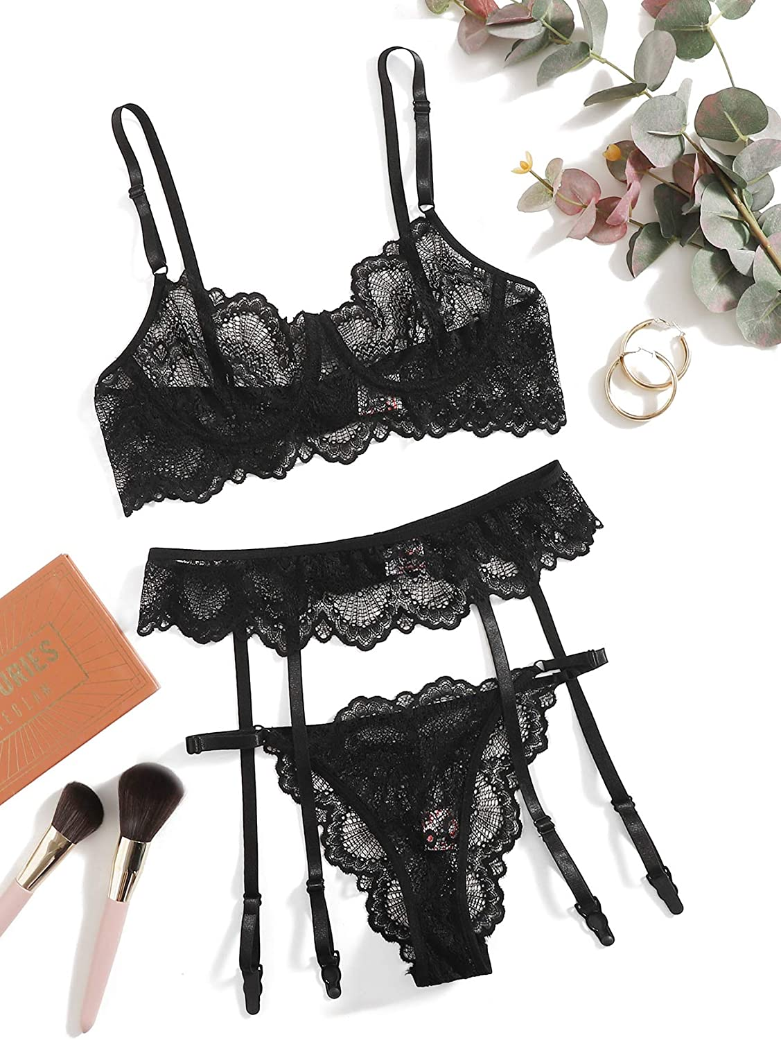 Shein Women'S 3 Piece Floral Lace Lingerie Set with Garter Belts Sexy Bra and Panty Apparel & Accessories > Clothing > Underwear & Socks > Lingerie SheIn   