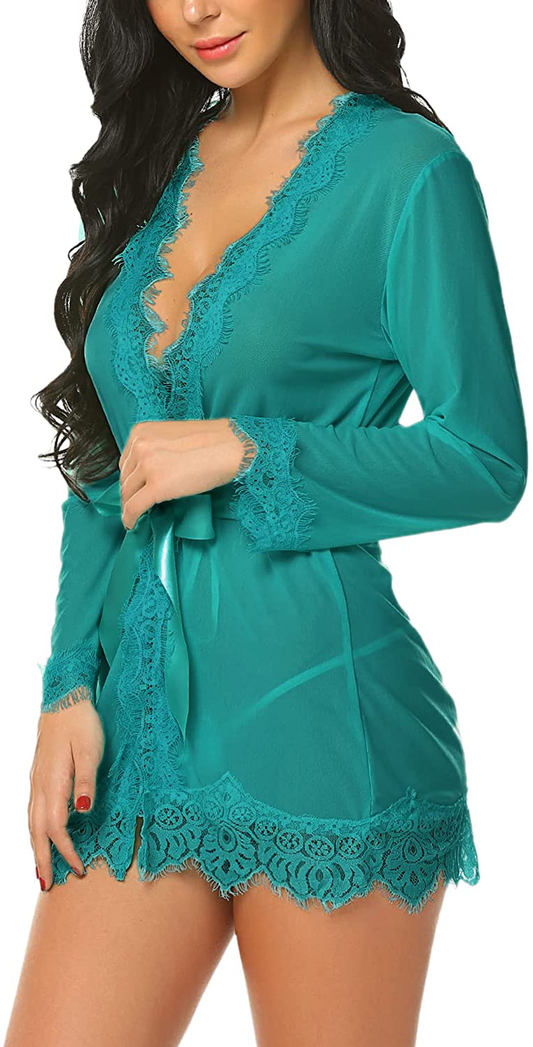 Avidlove Sexy Lace Robe Kimono Mesh Nightgown Babydoll Lingerie Set Apparel & Accessories > Clothing > Underwear & Socks > Lingerie Kylie Max   
