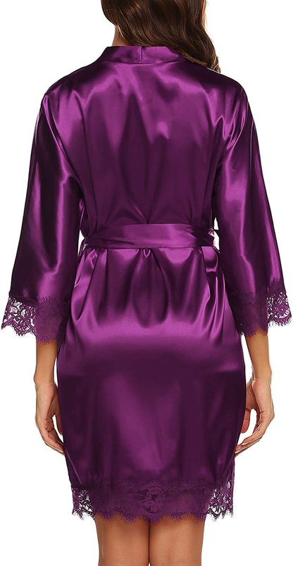 URRU Women'S Satin Silk Bathrobe Oblique V-Neck Short Kimono Robe Bridesmaids Robe S-XXXL Apparel & Accessories > Clothing > Sleepwear & Loungewear > Robes KYLIE MAX   