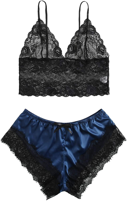 SOLY HUX Women'S plus Size Spaghetti Strap Lace Trim Bralette and Shorts Sleepwear Pajama Lingerie Set Apparel & Accessories > Clothing > Underwear & Socks > Lingerie KYLIE MAX Navy XX-Large Plus 