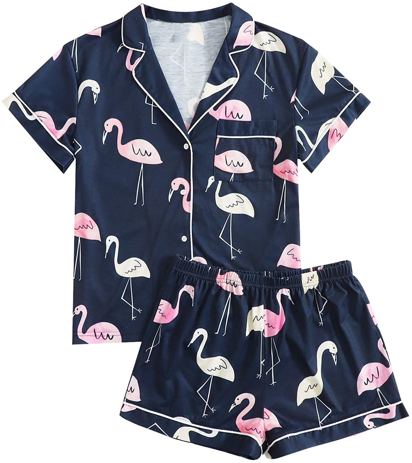 Floerns Women's Notch Collar Palm Leaf Print Sleepwear Two Piece Pajama Set Apparel & Accessories > Clothing > Sleepwear & Loungewear > Pajamas Floerns Navy Blue Medium 