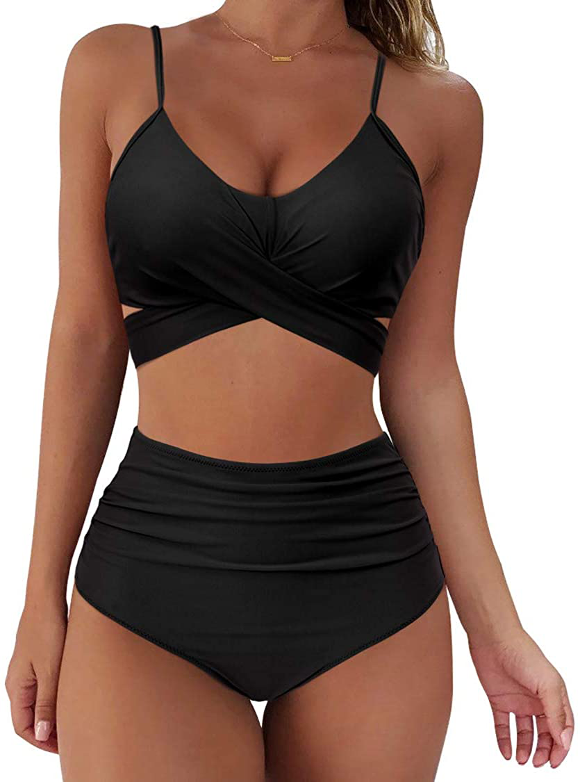 SUUKSESS Women Wrap Bikini Set Push Up High Waisted 2 Piece Swimsuits Apparel & Accessories > Clothing > Swimwear SUUKSESS 87 Black 8-10 