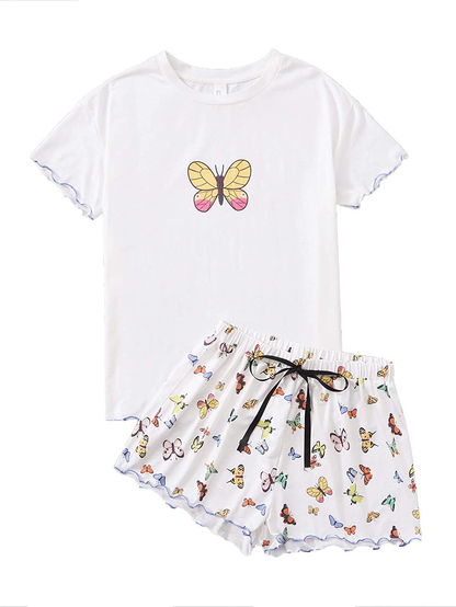 DIDK Women's Cute Cartoon Print Tee and Shorts Pajama Set Apparel & Accessories > Clothing > Sleepwear & Loungewear > Pajamas DIDK Butterfly White XX-Large 