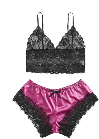 SOLY HUX Women'S plus Size Spaghetti Strap Lace Trim Bralette and Shorts Sleepwear Pajama Lingerie Set Apparel & Accessories > Clothing > Underwear & Socks > Lingerie KYLIE MAX Red Violet XX-Large Plus 