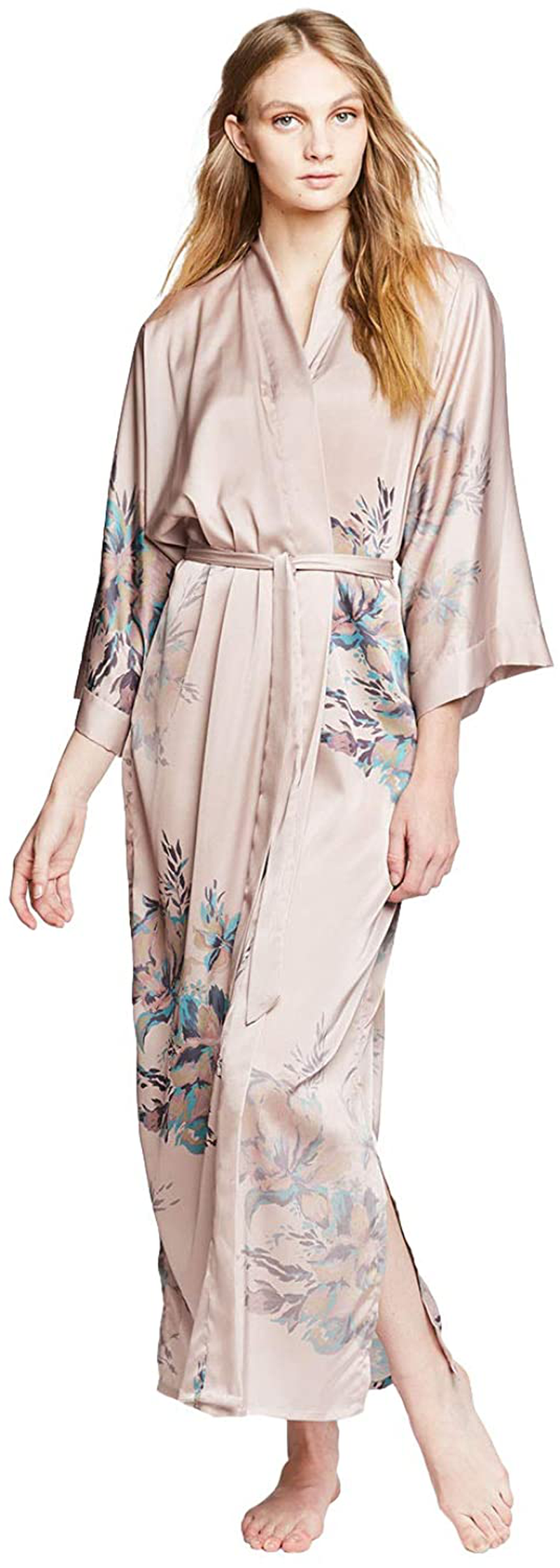 KIM+ONO Women'S Charmeuse Kimono Robe Long - Watercolor Floral Apparel & Accessories > Clothing > Sleepwear & Loungewear > Robes KIM+ONO Fura - Sepia Rose  