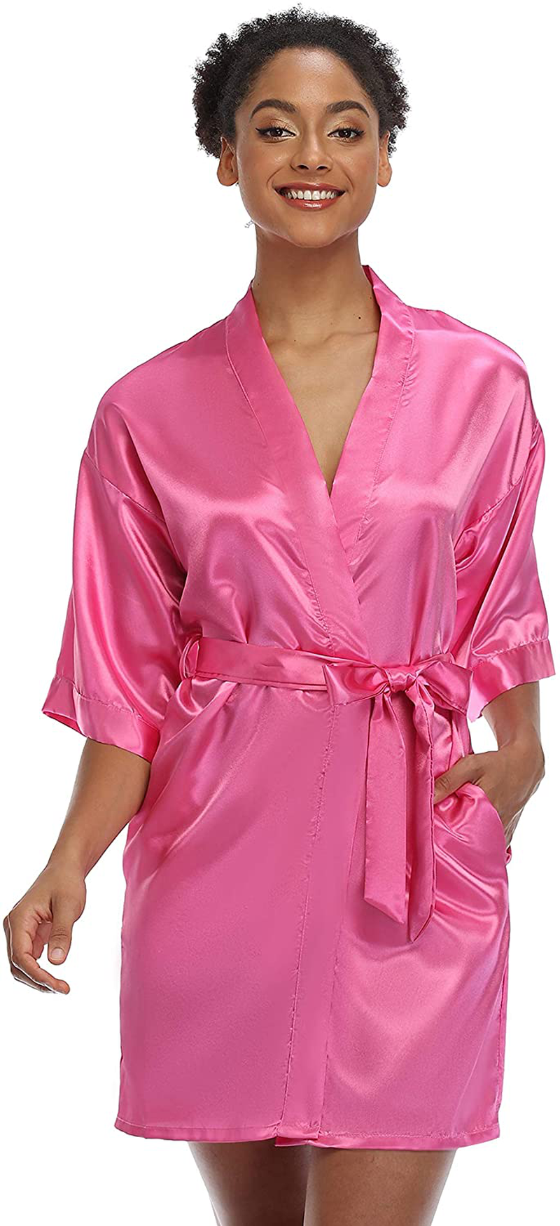 SUGAR JAN Women'S Short Satin Kimono Robes for Bride and Bridesmaids Silky Pure Color Bathrobe with Pockets Apparel & Accessories > Clothing > Sleepwear & Loungewear > Robes SUGAR JAN Rose Small-Medium 