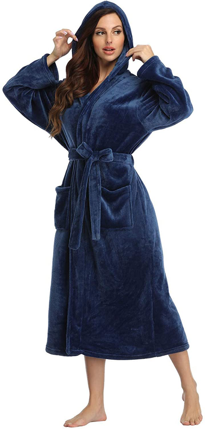 RONGTAI Womens Long Robes Plush Fleece Nightgown Thick plus Size Hooded Bathrobe with Pockets Fluffy Sleepwear for Men Apparel & Accessories > Clothing > Sleepwear & Loungewear > Robes RONGTAI Prussian Blue Small 
