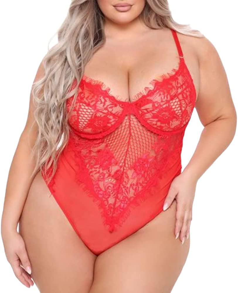 Plus Size Sexy Lingerie for Women Sheer Mesh One Piece High Waist Eyelash Lace Bodysuit Deep V-Neck Teddy Apparel & Accessories > Clothing > Underwear & Socks > Lingerie Ella Lust Red 4X-Large 
