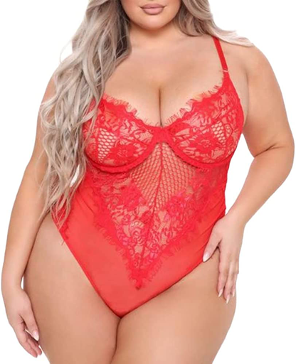 Plus Size Sexy Lingerie for Women Sheer Mesh One Piece High Waist Eyelash Lace Bodysuit Deep V-Neck Teddy Apparel & Accessories > Clothing > Underwear & Socks > Lingerie Ella Lust Red 4X-Large 