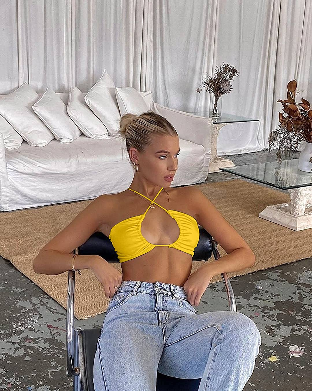 TOB Women'S Sexy Criss Cross Lace up Sling Basic Bow Tie Crop Top Apparel & Accessories > Clothing > Underwear & Socks > Lingerie TOB   