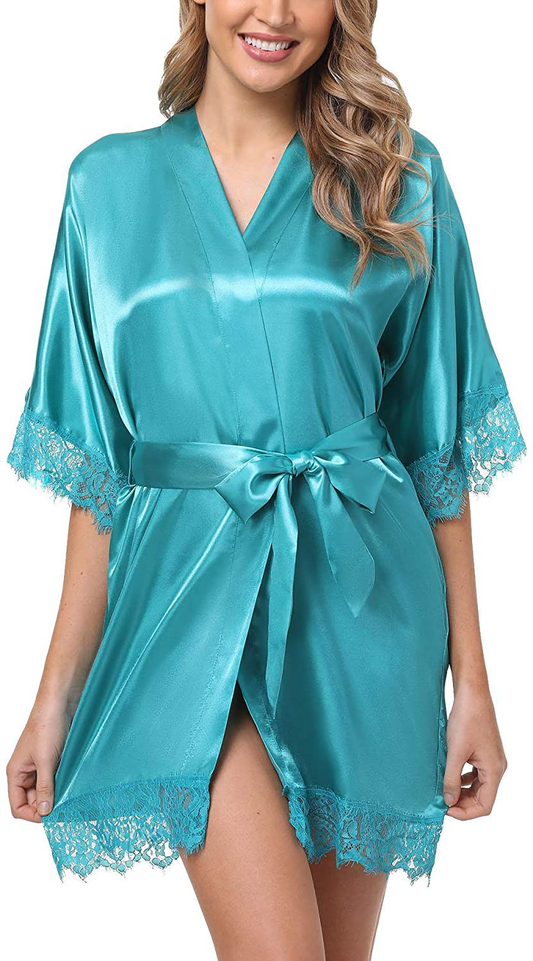 Old-Times Women Satin Short Robes for Bridesmaid Bride Sexy Nightgown Lace Trim Lightweight Bathrobe Apparel & Accessories > Clothing > Sleepwear & Loungewear > Robes Old-Times Lake Blue X-Large 