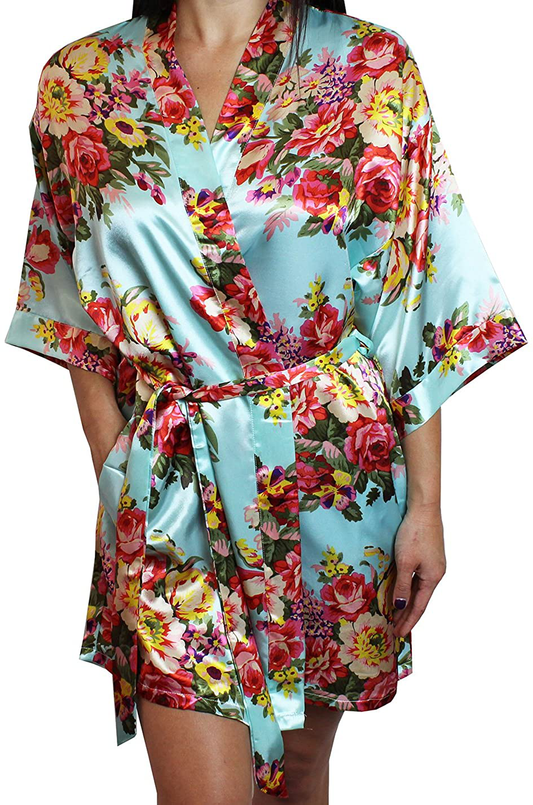 Women'S Floral Satin Kimono Short Bridesmaid Robe with Pockets - Silky Touch Apparel & Accessories > Clothing > Sleepwear & Loungewear > Robes Ms Lovely Light Blue Medium-Large 
