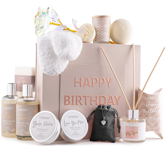 Birthday Gift Basket - Bath and Spa Gift Set for Women - Luxury Birthday Spa Gift Box with Vit E- Rich Bath Essentials, Diffuser, Candle, Sterling Silver CZ Heart Necklace, 24k Flower Rose Gift & More Arts & Entertainment > Party & Celebration > Gift Giving LOVERY   