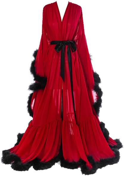 Molisa Women'S Sexy Feather Bridal Robe Long Wedding Scarf Illusion Bathrobe Sleepwear Lingerie Robe Nightgown Apparel & Accessories > Clothing > Sleepwear & Loungewear > Robes Molisa Burgundy+black 4X-Large 