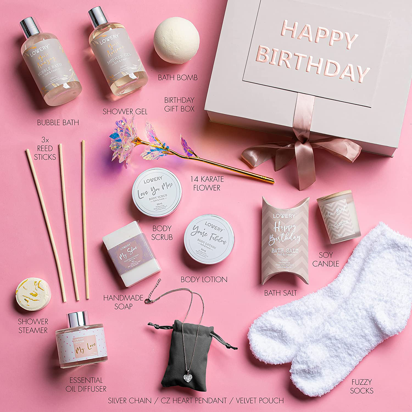 Birthday Gift Basket - Bath and Spa Gift Set for Women - Luxury Birthday Spa Gift Box with Vit E- Rich Bath Essentials, Diffuser, Candle, Sterling Silver CZ Heart Necklace, 24k Flower Rose Gift & More Arts & Entertainment > Party & Celebration > Gift Giving LOVERY   