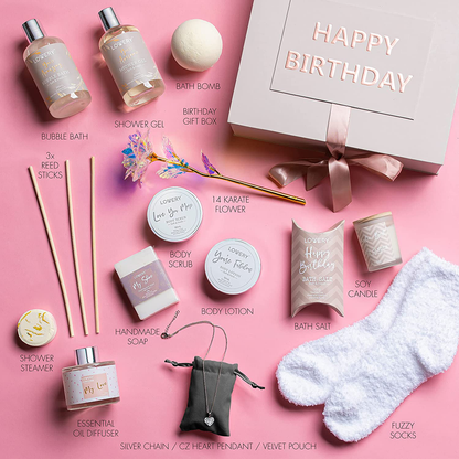 Birthday Gift Basket - Bath and Spa Gift Set for Women - Luxury Birthday Spa Gift Box with Vit E- Rich Bath Essentials, Diffuser, Candle, Sterling Silver CZ Heart Necklace, 24k Flower Rose Gift & More Arts & Entertainment > Party & Celebration > Gift Giving LOVERY   