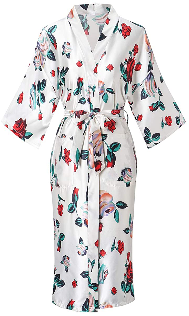 Dandychic Women'S Kimono Robes Lightweight Imitation Silk Sleepwear Long Lightweight Nightgown for Women Apparel & Accessories > Clothing > Sleepwear & Loungewear > Robes DandyChic White/Rose Large 