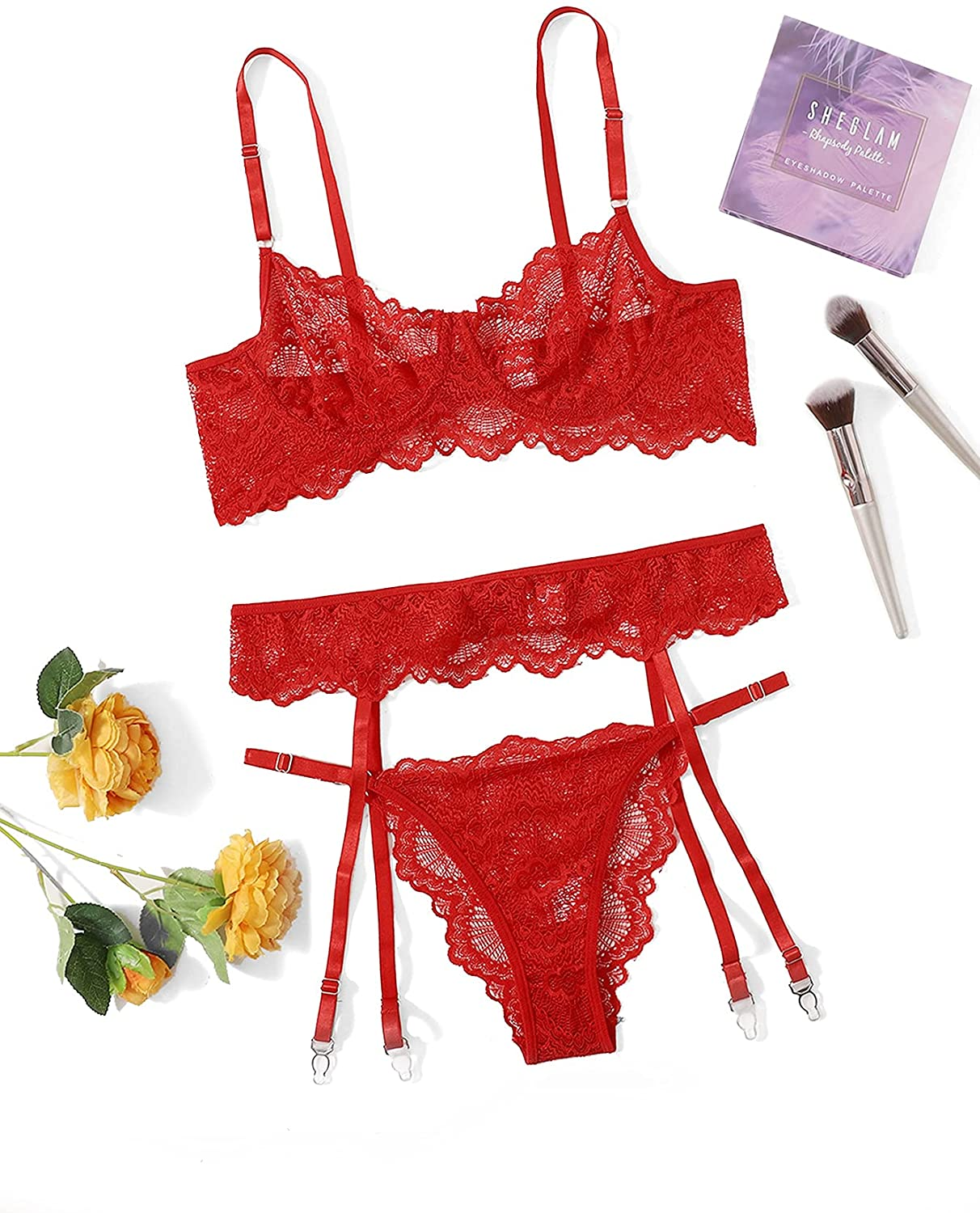 Shein Women'S 3 Piece Floral Lace Lingerie Set with Garter Belts Sexy Bra and Panty Apparel & Accessories > Clothing > Underwear & Socks > Lingerie SheIn   
