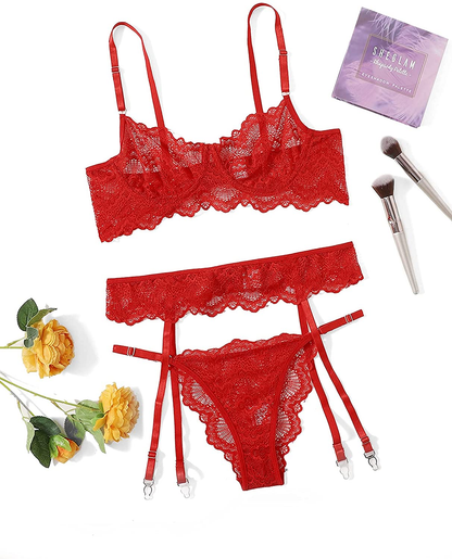 Shein Women'S 3 Piece Floral Lace Lingerie Set with Garter Belts Sexy Bra and Panty Apparel & Accessories > Clothing > Underwear & Socks > Lingerie SheIn   