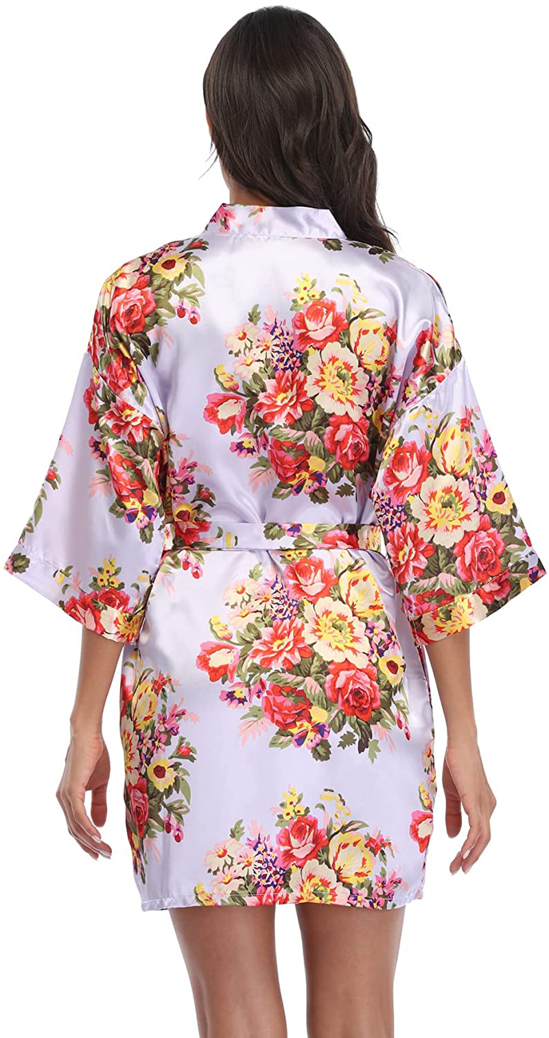 Floral Robes for Women Bride Bridesmaid Short Kimono Robe Satin Dressing Gown for Wedding Party Apparel & Accessories > Clothing > Sleepwear & Loungewear > Robes CostumeDeals   