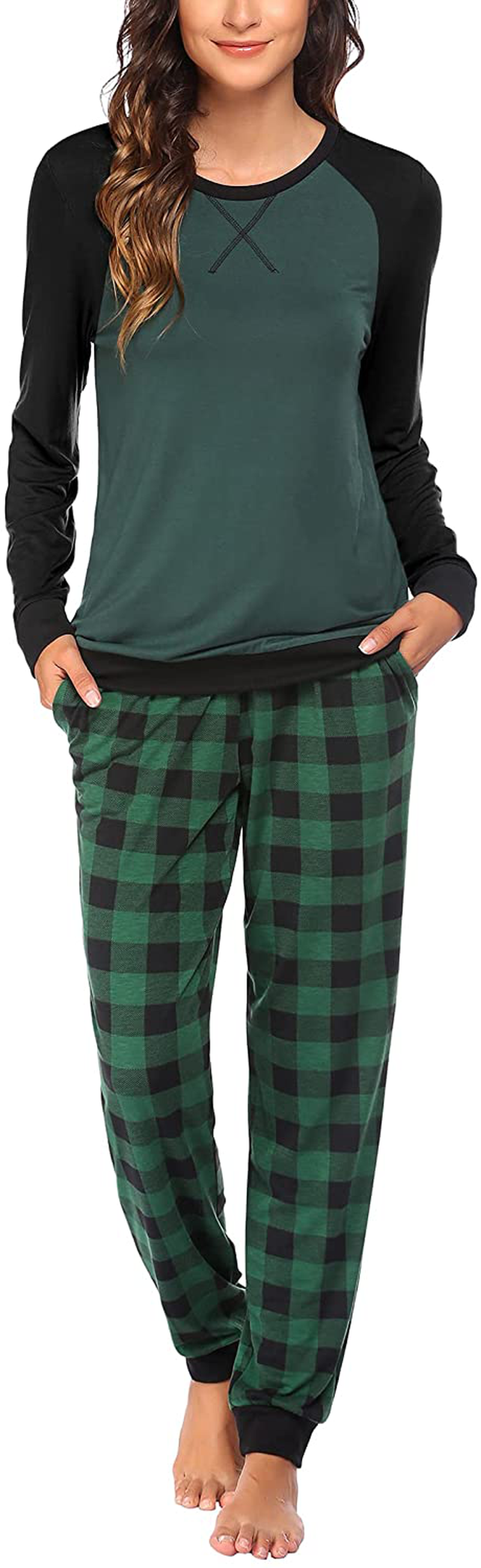 Ekouaer Women's Pajamas Sets Long Sleeve with Plaid Pants Soft Sleepwear O Neck 2 Piece Pjs Joggers Loung Set with Pockets Apparel & Accessories > Clothing > Sleepwear & Loungewear > Pajamas Ekouaer Style2-pat4 XX-Large 