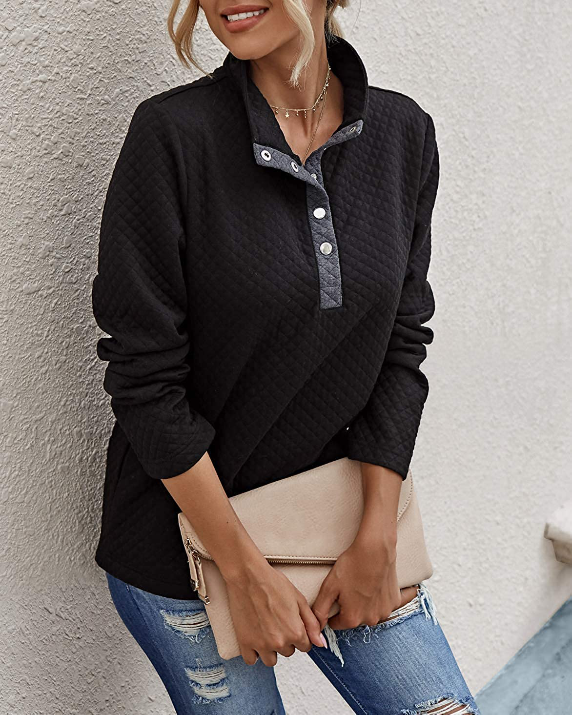 BTFBM Women Fashion Quilted Pattern Lightweight Zipper Long Sleeve Plain Casual Ladies Sweatshirts Pullovers Shirts Tops Apparel & Accessories > Clothing > Activewear Kylie Max   