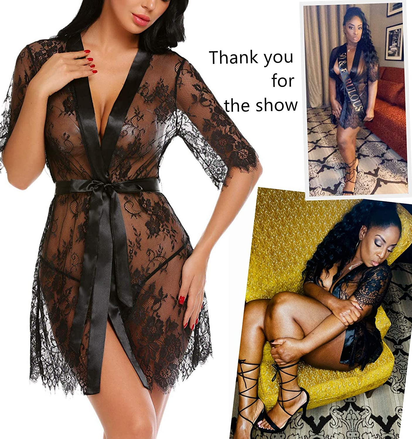 Avidlove Women Kimono Robe Floral Lace Babydoll Lingerie Sheer Mesh Nightgown Apparel & Accessories > Clothing > Underwear & Socks > Lingerie Kylie Max   