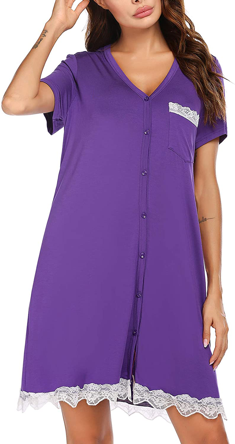 Ekouaer Women'S Nightgown Striped Tee Short Sleeve Cotton Sleep Nightshirt Button down Pajama Dress S-XXXL Apparel & Accessories > Clothing > Sleepwear & Loungewear > Nightgowns Kylie Max   
