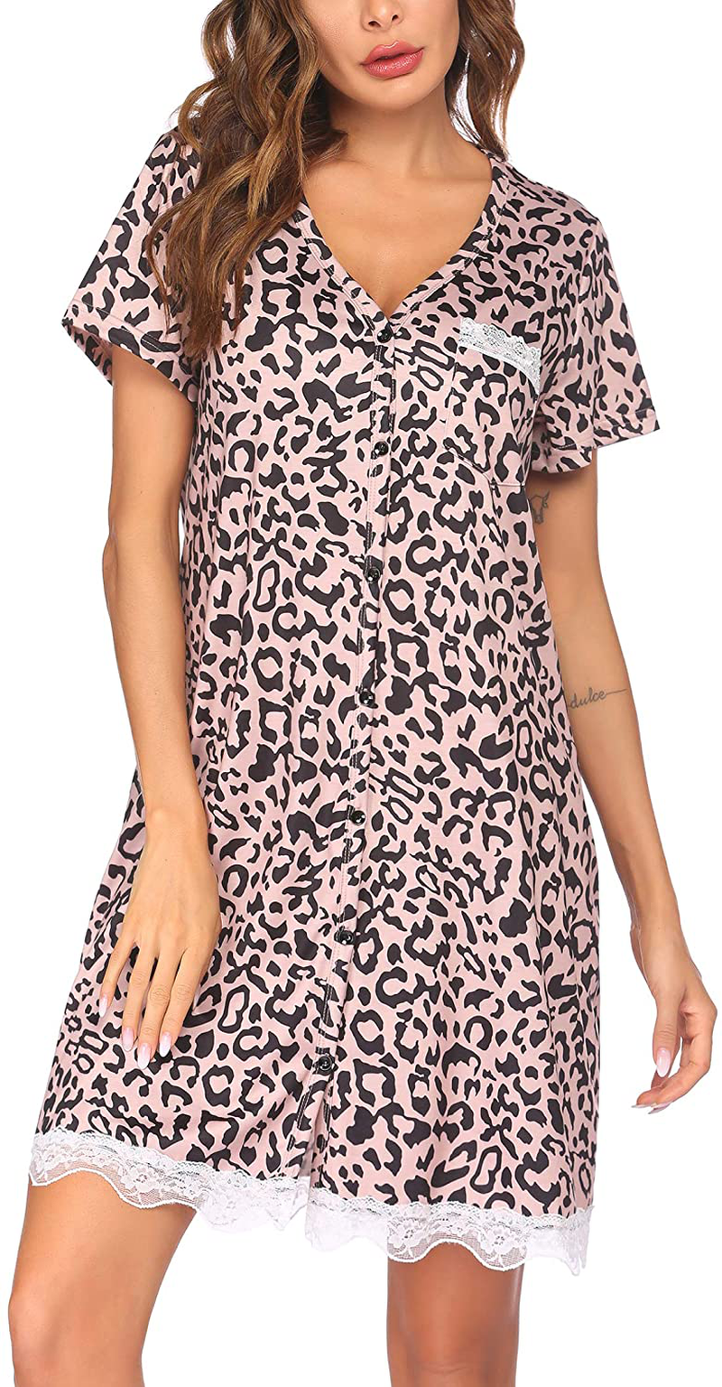 Ekouaer Women'S Nightgown Striped Tee Short Sleeve Cotton Sleep Nightshirt Button down Pajama Dress S-XXXL Apparel & Accessories > Clothing > Sleepwear & Loungewear > Nightgowns Kylie Max   