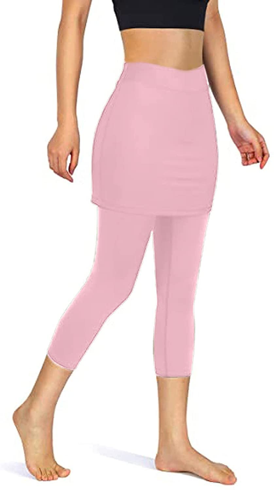 Burband Womens Skirted Leggings Capri Skirt Yoga Active Tights Pants Golf Tennis Workout Skort Sport Leggings with Pockets Apparel & Accessories > Clothing > Underwear & Socks > Shapewear Burband Pink X-Large 