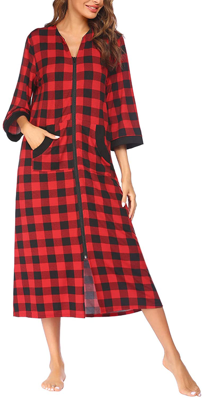 Ekouaer Women Zipper Robe 3/4 Sleeves Loungewear Full Length Sleepwear Pockets Housecoat Long Soft Bathrobe Apparel & Accessories > Clothing > Sleepwear & Loungewear > Robes Ekouaer   