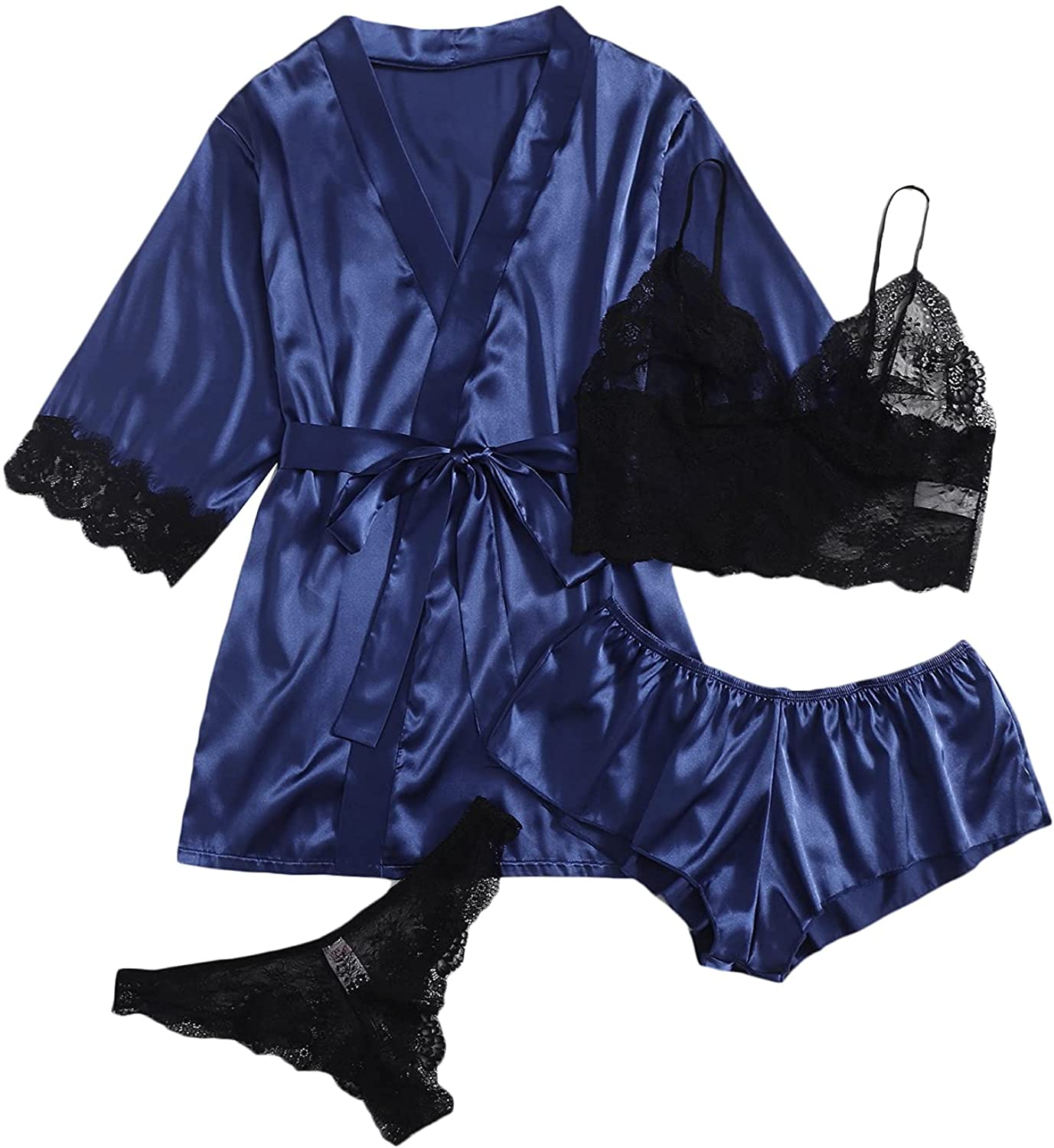 WDIRARA Women'S 4 Pieces Satin Floral Lace Cami Top Lingerie Pajama Set with Robe Apparel & Accessories > Clothing > Underwear & Socks > Lingerie WDIRARA Navy and Black 3X-Large Plus 
