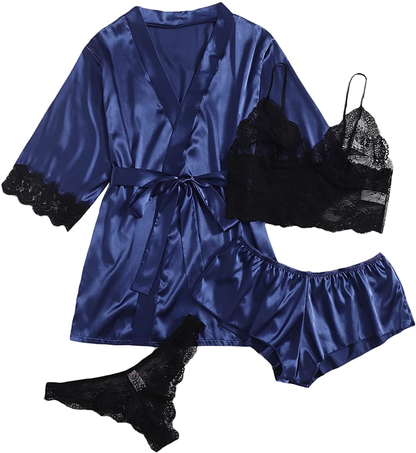 WDIRARA Women'S 4 Pieces Satin Floral Lace Cami Top Lingerie Pajama Set with Robe Apparel & Accessories > Clothing > Underwear & Socks > Lingerie WDIRARA Navy and Black 3X-Large Plus 