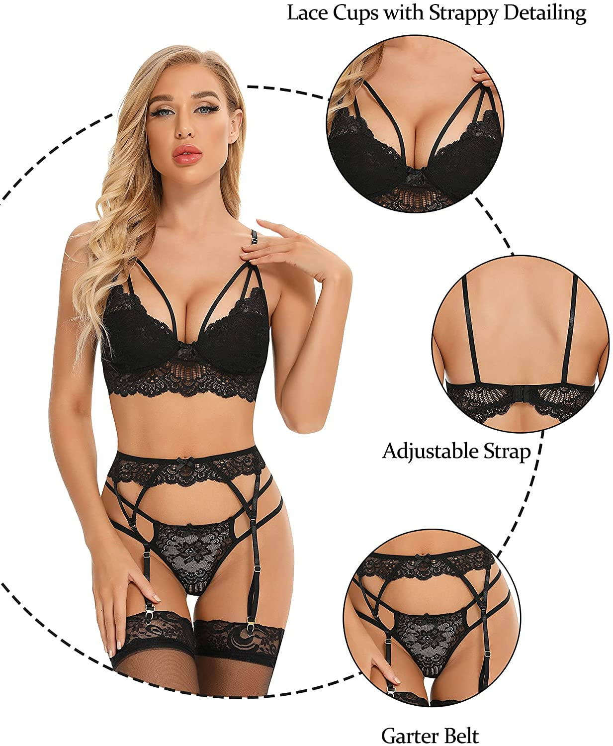 RSLOVE Women Sexy Lingerie Sets with Garter Belt 3 Piece Lace Teddy Babydoll Bodysuit Apparel & Accessories > Clothing > Underwear & Socks > Lingerie KYLIE MAX   