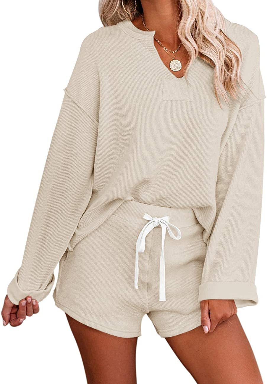 MEROKEETY Women's Long Sleeve Pajama Set Henley Knit Tops and Shorts Sleepwear Loungewear Apparel & Accessories > Clothing > Sleepwear & Loungewear > Pajamas MEROKEETY Beige XX-Large 