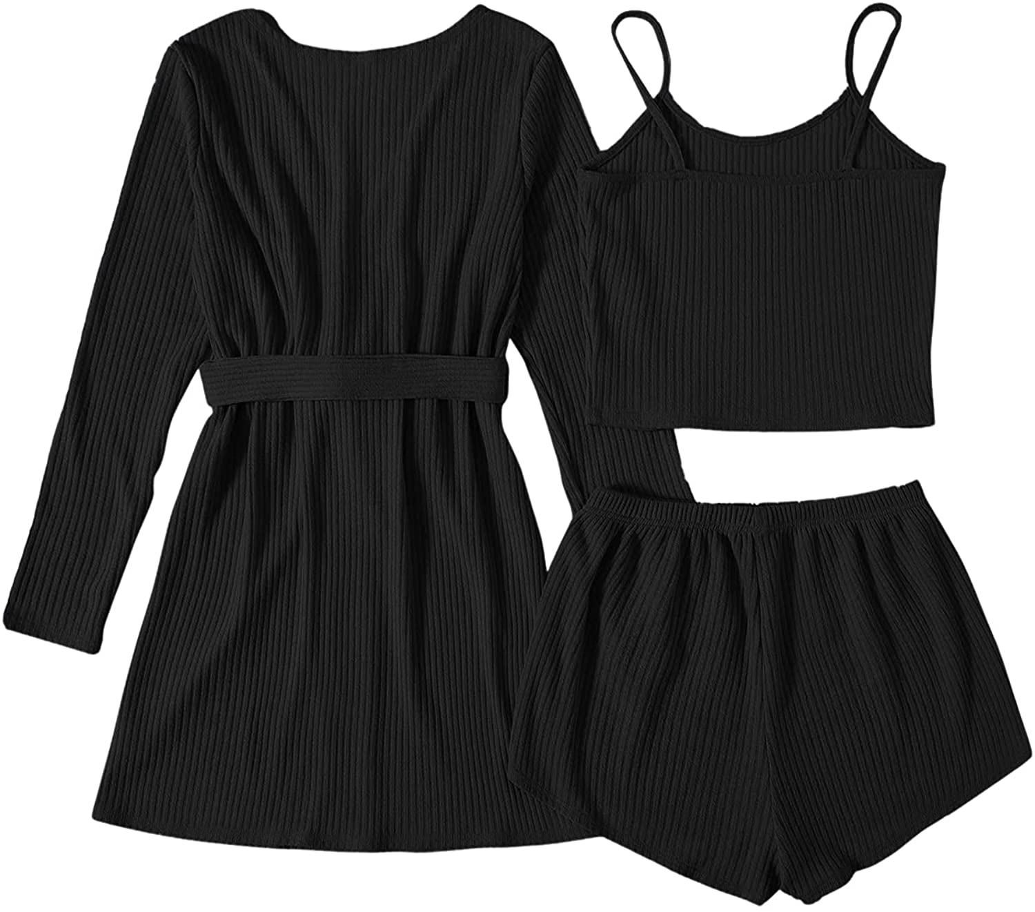 Shein Women'S plus 3Pcs Cami Shorts Ribbed Pajama Set with Long Sleeve Belted Robe Apparel & Accessories > Clothing > Sleepwear & Loungewear Kylie Max   