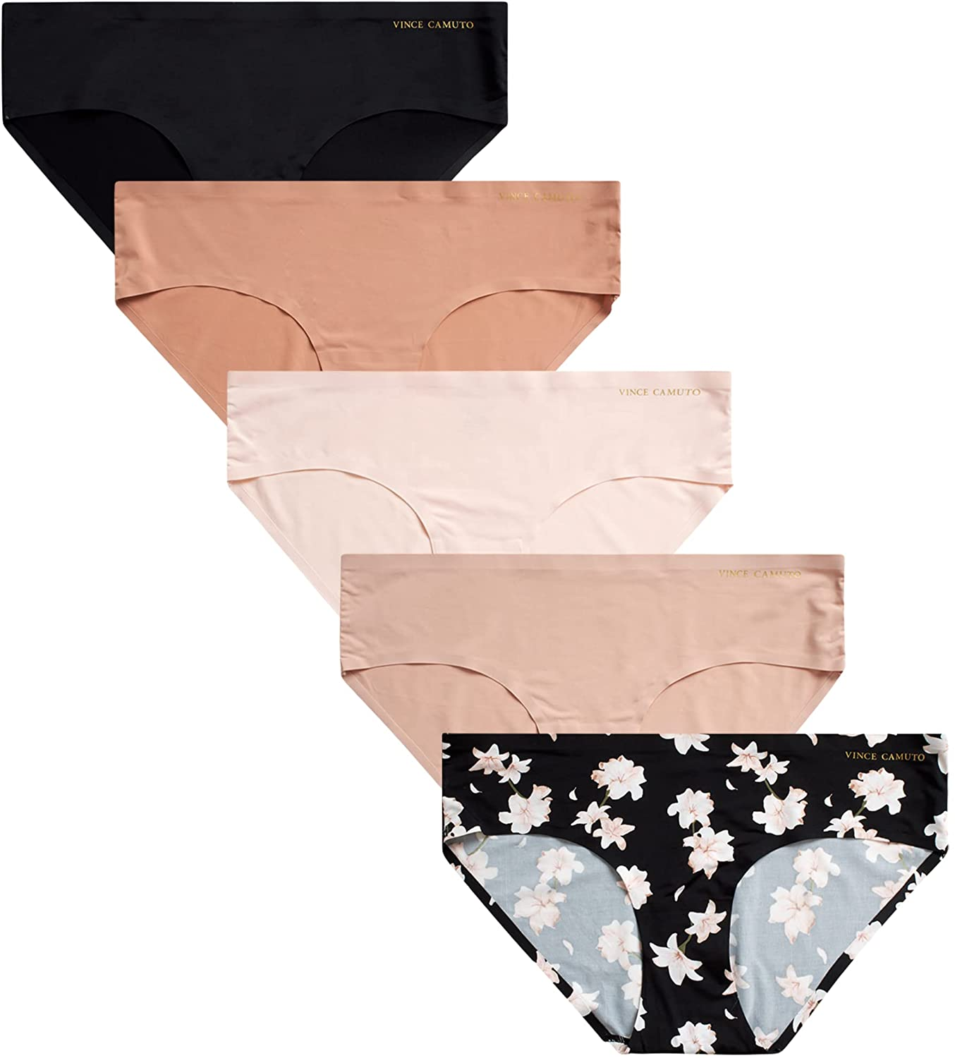 Vince Camuto Women'S No Show Microfiber Hipster Panty Underwear Multi-Pack Apparel & Accessories > Clothing > Underwear & Socks > Underwear Vince Camuto Black Floral/Ballet/Tan/Chai/Black Large 