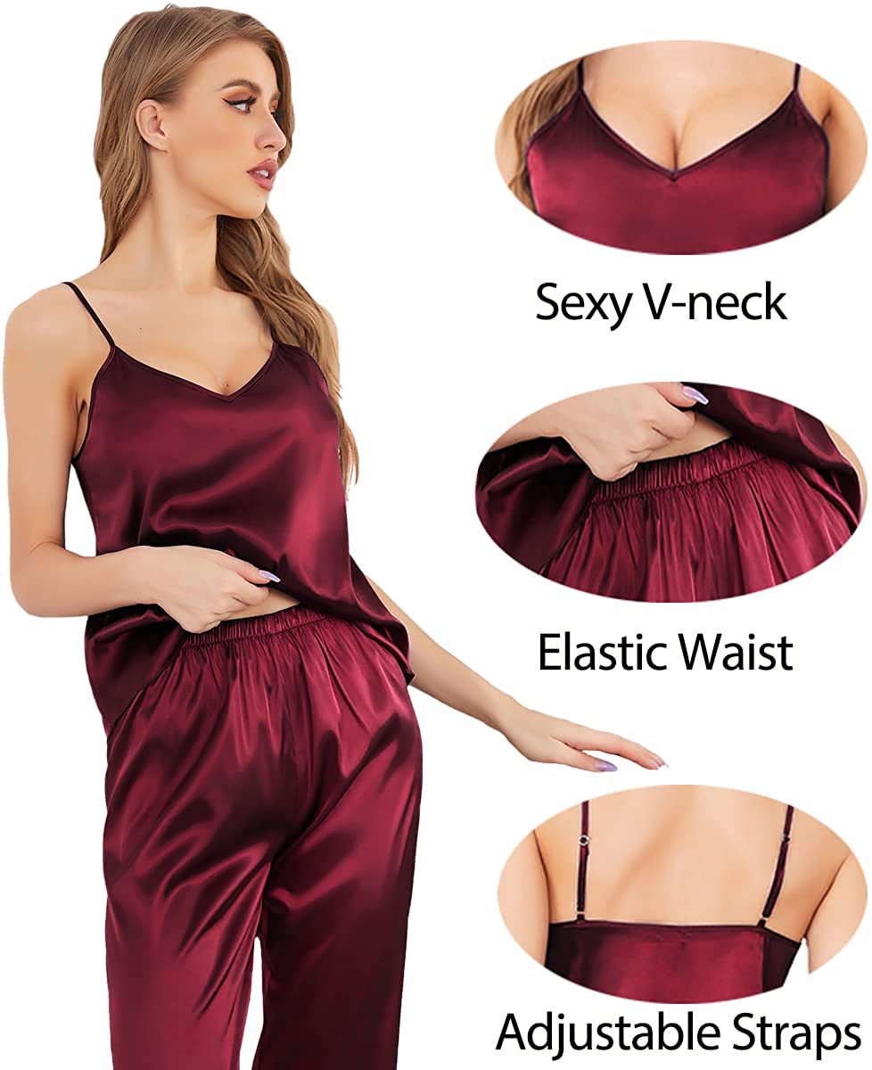 SWOMOG Women'S Satin Pajama Set Silk Sleepwear Cami Nightwear Sexy Lingerie 2 Piece Top and Pants Pj Set Apparel & Accessories > Clothing > Sleepwear & Loungewear Kylie Max   