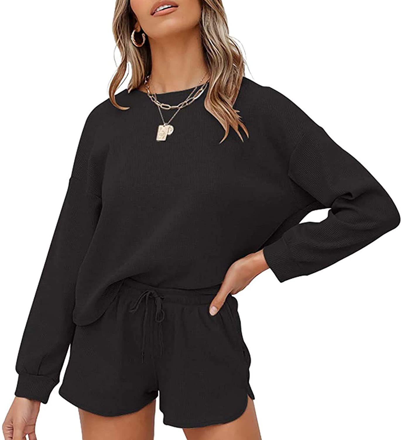 MEROKEETY Women's Long Sleeve Pajama Set Henley Knit Tops and Shorts Sleepwear Loungewear Apparel & Accessories > Clothing > Sleepwear & Loungewear > Pajamas MEROKEETY Waffleblack Small 