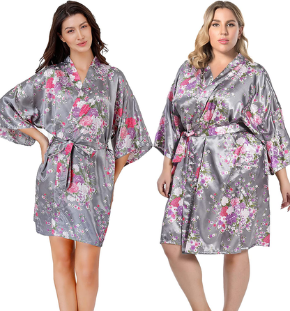 EPLAZA Women Floral Satin Robe Bridal Dressing Gown Wedding Bride Bridesmaid Kimono Sleepwear Apparel & Accessories > Clothing > Sleepwear & Loungewear > Robes EPLAZA Grey Small-Medium 